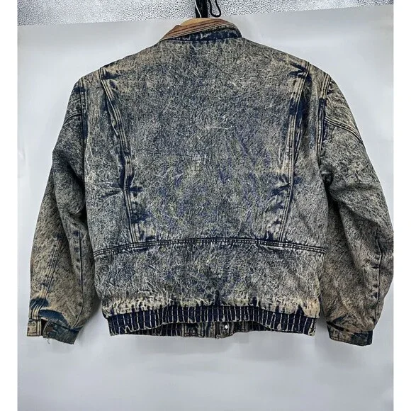 VTG Hill & Archer Trucker Jacket Acid Wash Denim Leather Collar‎ Mens XL Zip